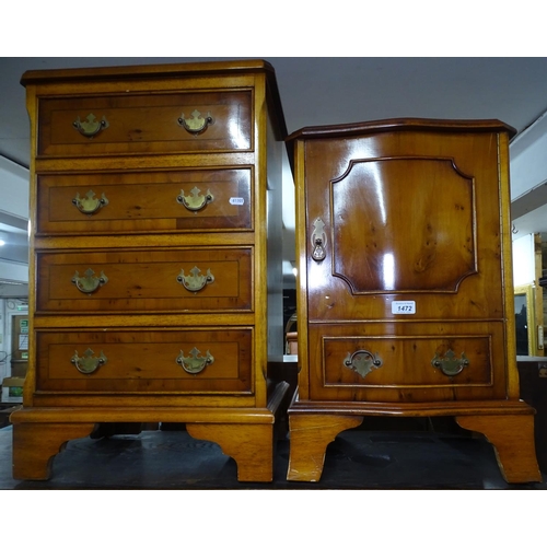 1472 - A reproduction cross-banded yew wood chest of 4 short drawers, and a similar cabinet (2)