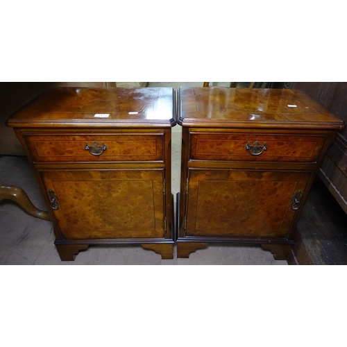 1473 - A pair of reproduction cross-banded burr elm bedside cabinets, W46cm