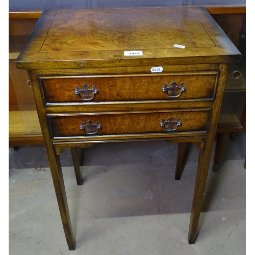 1474 - A reproduction cross-banded burr elm 2-drawer side table, W46cm