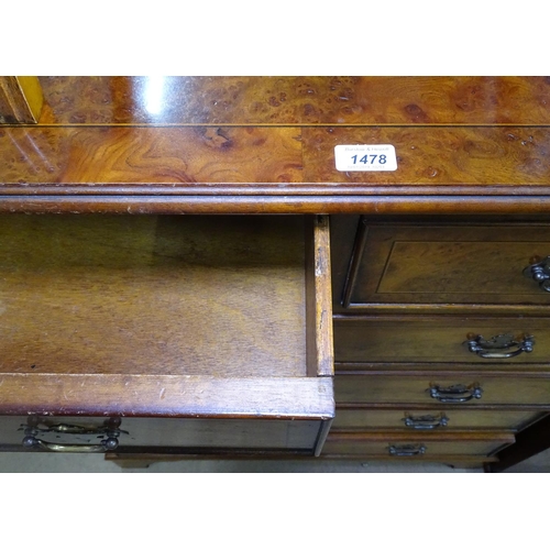 1478 - A reproduction cross-banded burr elm chest of 2 short and 4 long drawers, on bracket feet, W79cm