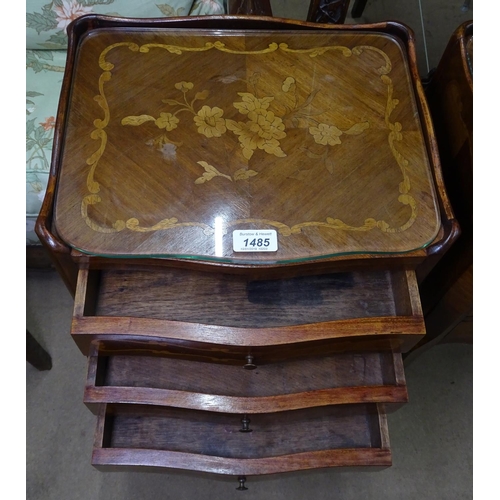 1485 - A pair of walnut and king wood 3 drawer bedside chests, having inlaid marquetry inlaid decoration, w... 