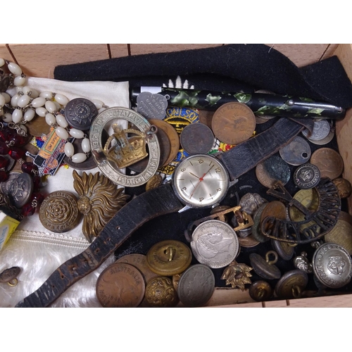 149 - A rosary, military buttons, a fountain pen etc