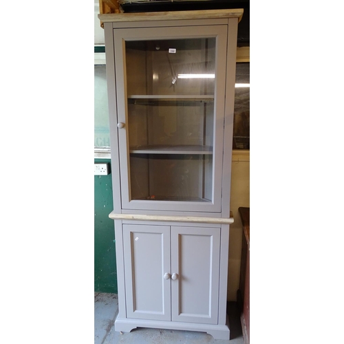 1500 - A grey painted 2-section corner display cabinet, with cupboard base, W78cm