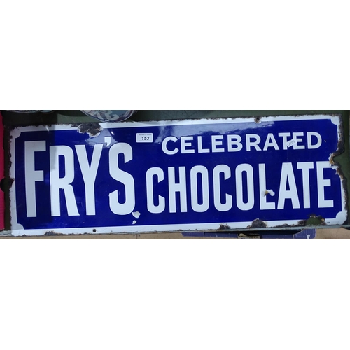 153 - A Vintage enamel Fry's Celebrated Chocolate sign, length 30