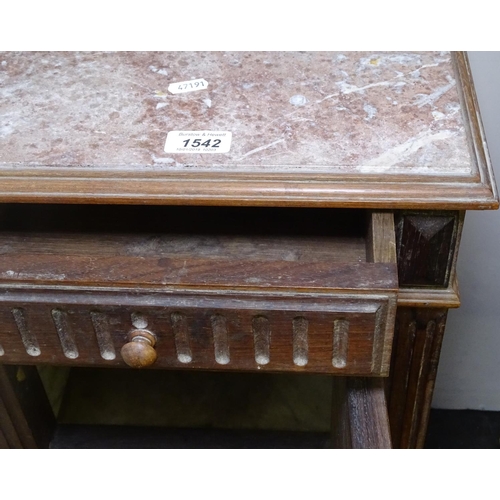 1542 - A French marble-top and oak bedside cupboard, W40cm