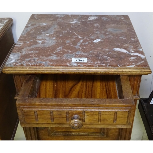 1548 - A French marble-top and oak pot cupboard, W37cm