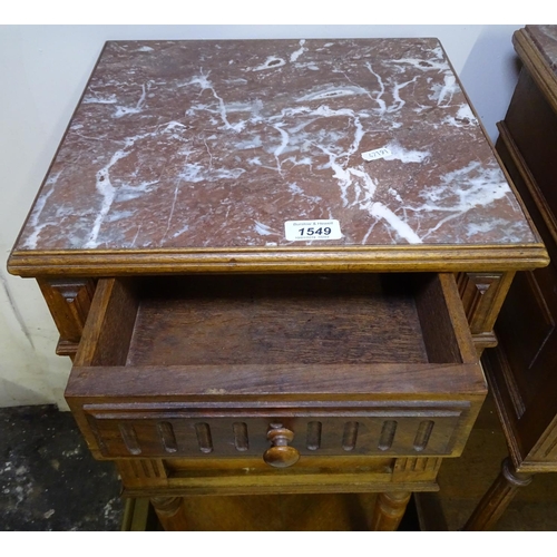 1549 - A French marble-top and oak pot cupboard, with fluted legs, W37cm