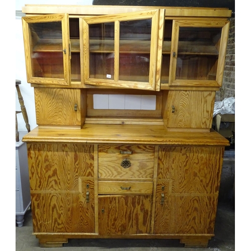 1567 - A French pine 2-section dresser, with fitted cupboards and drawers, W156cm, H194cm