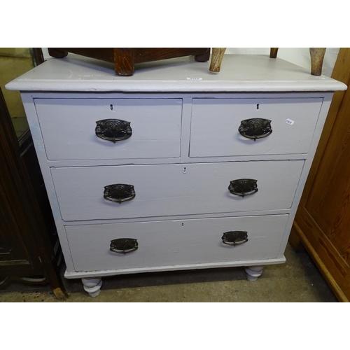 1570 - A grey painted Victorian pine 4-drawer chest, on bun feet, W83cm