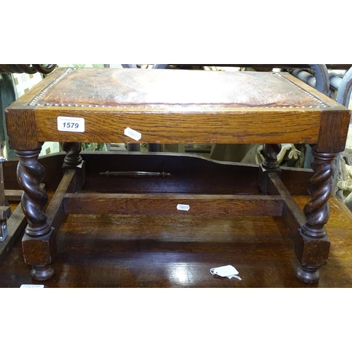 1579 - A 1920s oak barley twist, leather-topped stool, top embossed with a study of a bulldog, W50cm