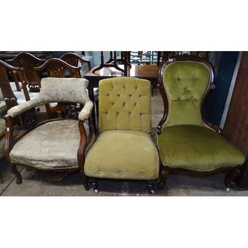 1592 - A Victorian mahogany-framed nursing chair, an Edwardian nursing chair, and an Edwardian bow-arm chai... 