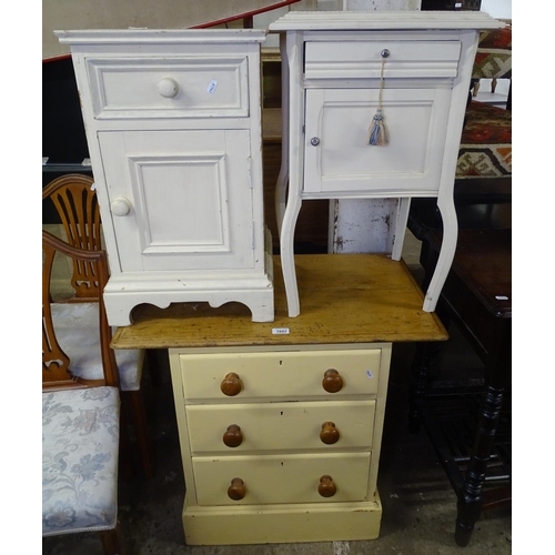 1601 - A polished and painted pine chest of 3 short drawers, W76cm, a painted bedside cupboard, and a paint... 