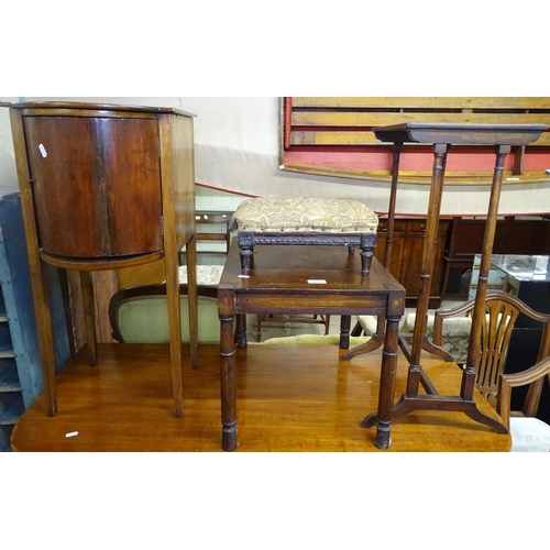 1603 - A mahogany bow-front bedside cupboard, an inlaid occasional table, a stool, and another (4)