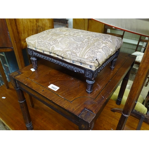 1603 - A mahogany bow-front bedside cupboard, an inlaid occasional table, a stool, and another (4)