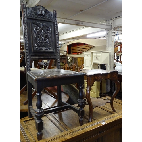 1621 - A lion mask carved panelled oak hall chair, and a Victorian rosewood 2-tier occasional table of shap... 