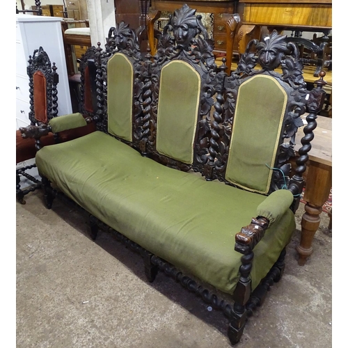 1640 - A Victorian carved and pierced oak 3-seater settee, with lion mask decoration, and a similar pair of... 