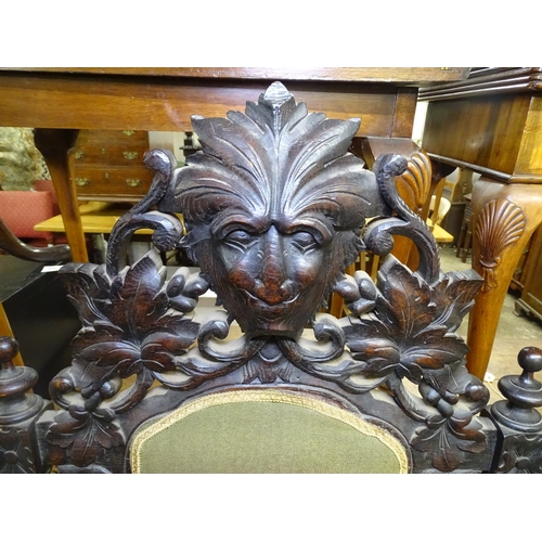 1640 - A Victorian carved and pierced oak 3-seater settee, with lion mask decoration, and a similar pair of... 