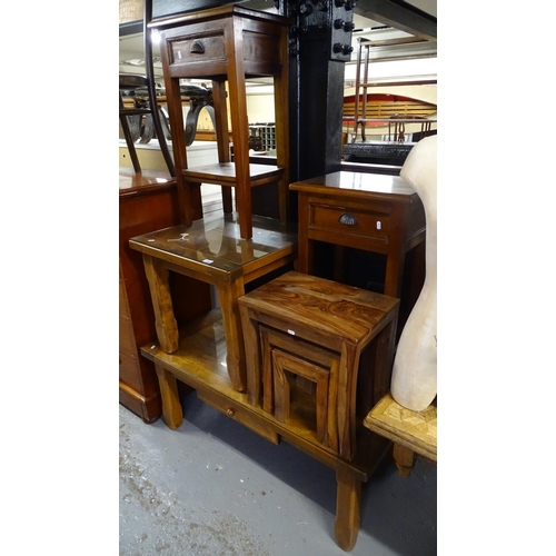 1650 - A group of Indonesian hardwood furniture, to include a rectangular coffee table with frieze drawer, ... 