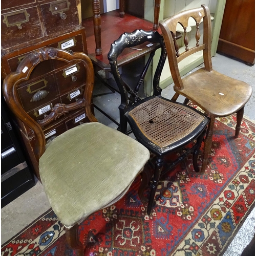 1655 - A Victorian black lacquered and mother-of-pearl decorated side chair, an elm seated kitchen chair, a... 