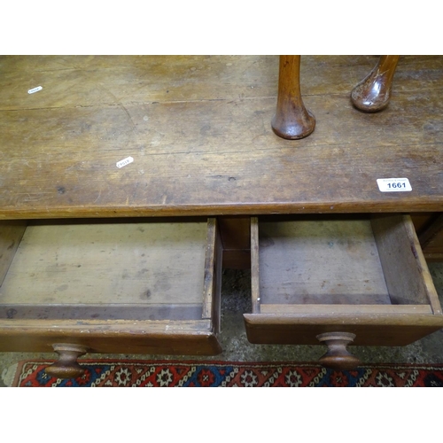 1661 - An Antique pine kitchen dresser base, with 3 frieze drawers, shaped apron, raised on turned legs, L1... 