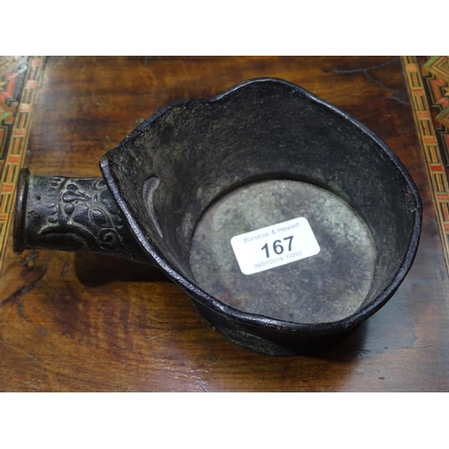 167 - A Chinese patinated bronze pan for ironing silk, overall length 16cm, and bone letter opener