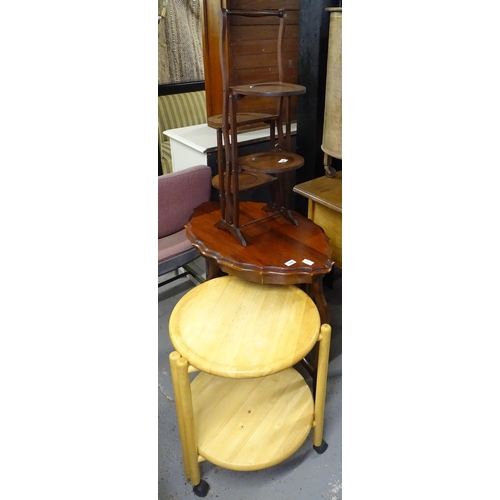 1682 - An Edwardian 4-tier folding cake stand, a beech 2-tier folding trolley, and an occasional table