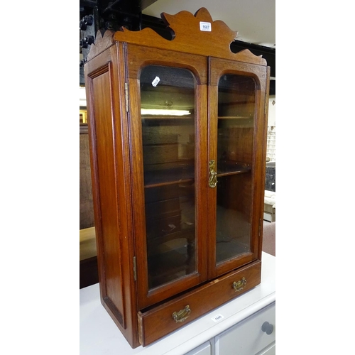 1687 - A mahogany hanging cabinet, with 2 glazed doors and drawer under, W52cm, H88cm