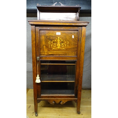 1689 - A Victorian rosewood music cabinet, with raised panel back, marquetry inlaid decoration, and glazed ... 