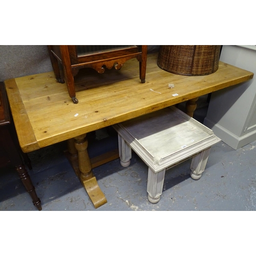 1690 - A rectangular plank top pine refectory kitchen table, on quadruple baluster base, L160cm, H74cm, D77... 