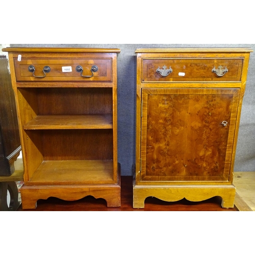 1692 - A reproduction burr yew wood cabinet, with drawer and cupboard, W57cm, and a reproduction yew wood o... 