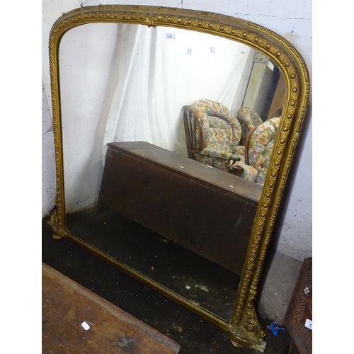 1696 - A 19th century gilt-gesso arch-top over mantel mirror, H128cm, L134cm