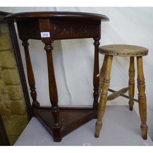 1712 - A 1920s oak demilune console table, with card frieze, and an Antique pine stool (2)