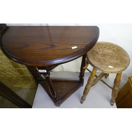 1712 - A 1920s oak demilune console table, with card frieze, and an Antique pine stool (2)