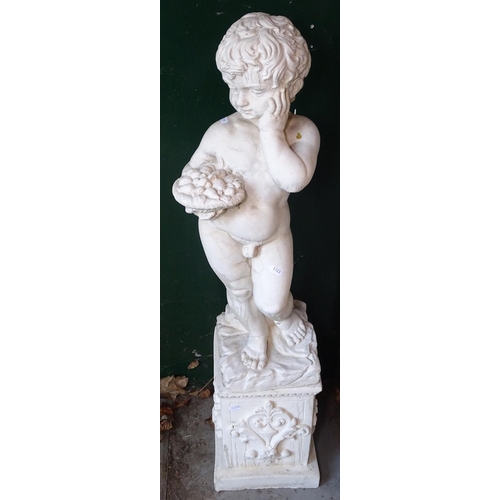 1723 - A painted concrete figure of a boy on embossed plinth stand, H103cm