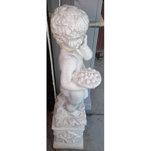 1723 - A painted concrete figure of a boy on embossed plinth stand, H103cm