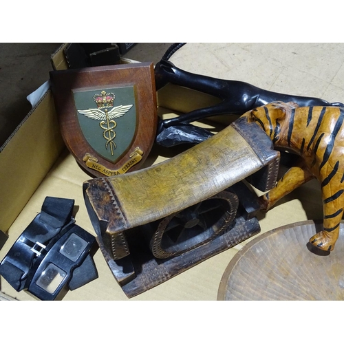 200 - An ebony antelope, a tiger, and an African carved wood headrest