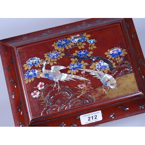 212 - A Meiji period red lacquered casket with peacock decoration