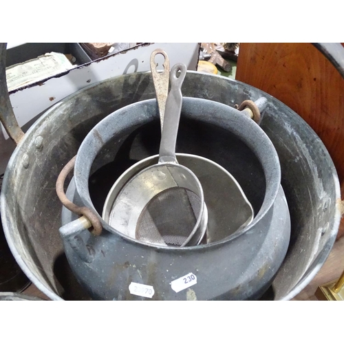 230 - A cauldron, a jam pan, shell case vase, a jardiniere etc