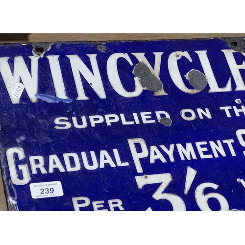 239 - Vintage double-sided enamel advertising signs for Win Cycles supplied on the gradual payment system,... 