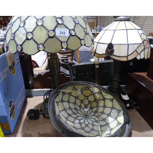 242 - A table lamp with lead light glass shade, matching ceiling light bowl, and a similar small table lam... 