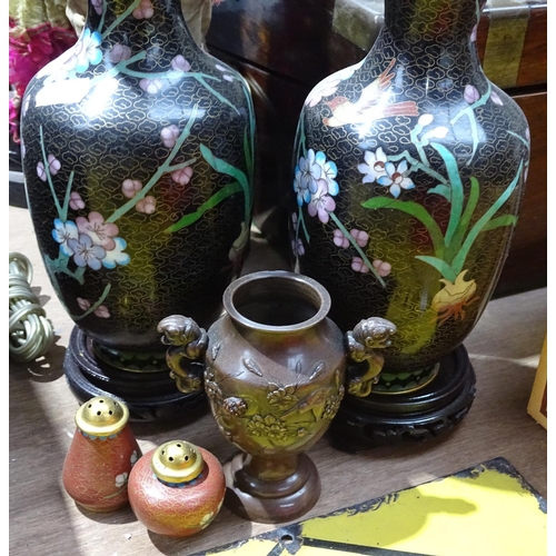 249 - A pair of black ground cloisonne vases with prunus decoration, on fitted stands, a Japanese bronze v... 