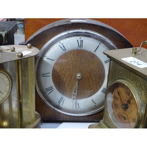 274 - An oak-cased mantel clock, and 2 brass clocks