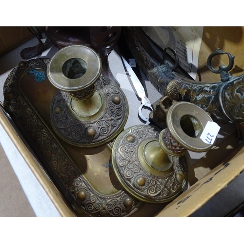 277 - A copper samovar, a pair of brass candlesticks and matching desk stand, African figures etc