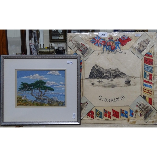 286 - A 1925 framed petit point view of Monterey, and a mounted Gibraltar silk scarf