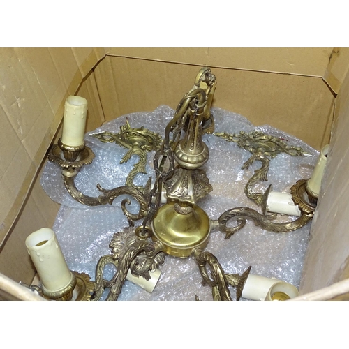 289 - A hanging lantern, a quantity of brass wall lights, and a 5-branch chandelier