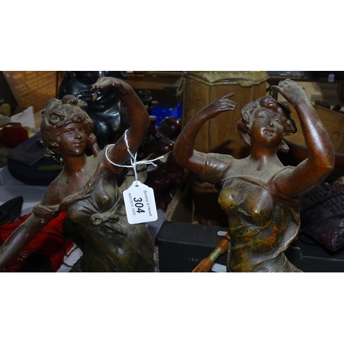 304 - After Moreau, 2 French patinated spelter figures, Rose D'Avril and another Le Messager, 19