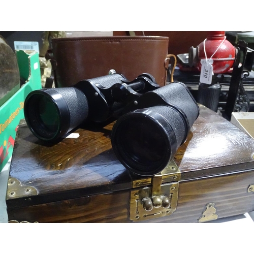 307 - A brass-bound mahogany box, and Nikon 7 x 50 binoculars in case