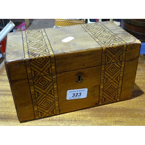 323 - An inlaid tea caddy with fitted interior, and magnifying glasses etc in mahogany box