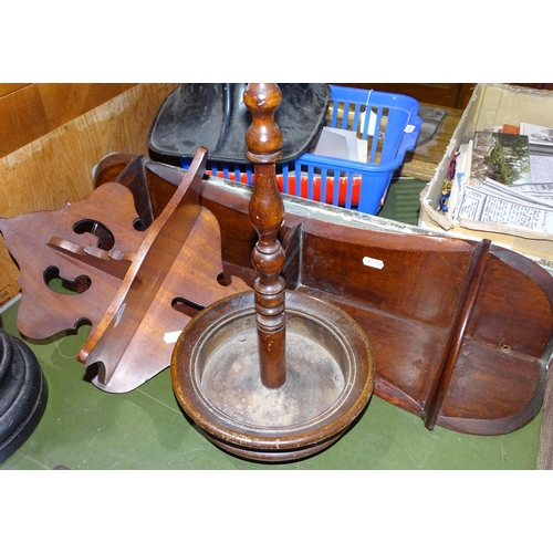 328 - A mahogany corner shelf, a wall bracket, and a stained wood stick stand, height 22