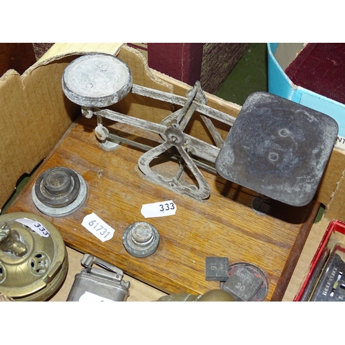 333 - Postal scale, a brass Buddha, a moneybox etc